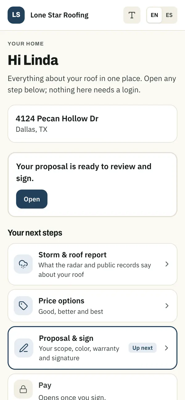 Homeowner page: storm and roof report, price options, proposal and pay steps