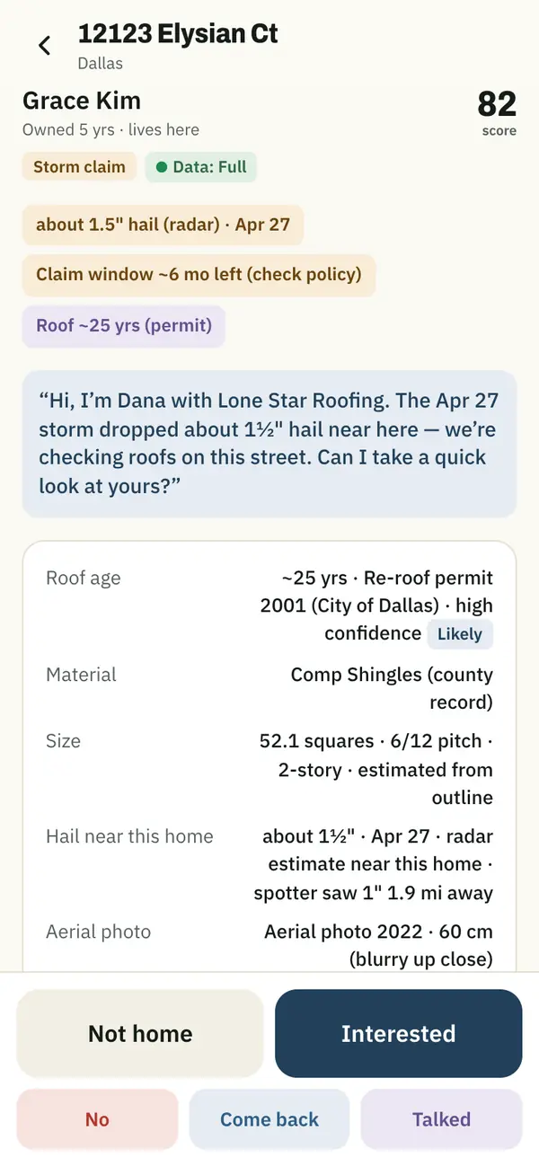 RepsRoof door card: score 82, about 1.5 inch hail on April 27, roof about 25 years old from a permit, 52 squares at 6/12 pitch