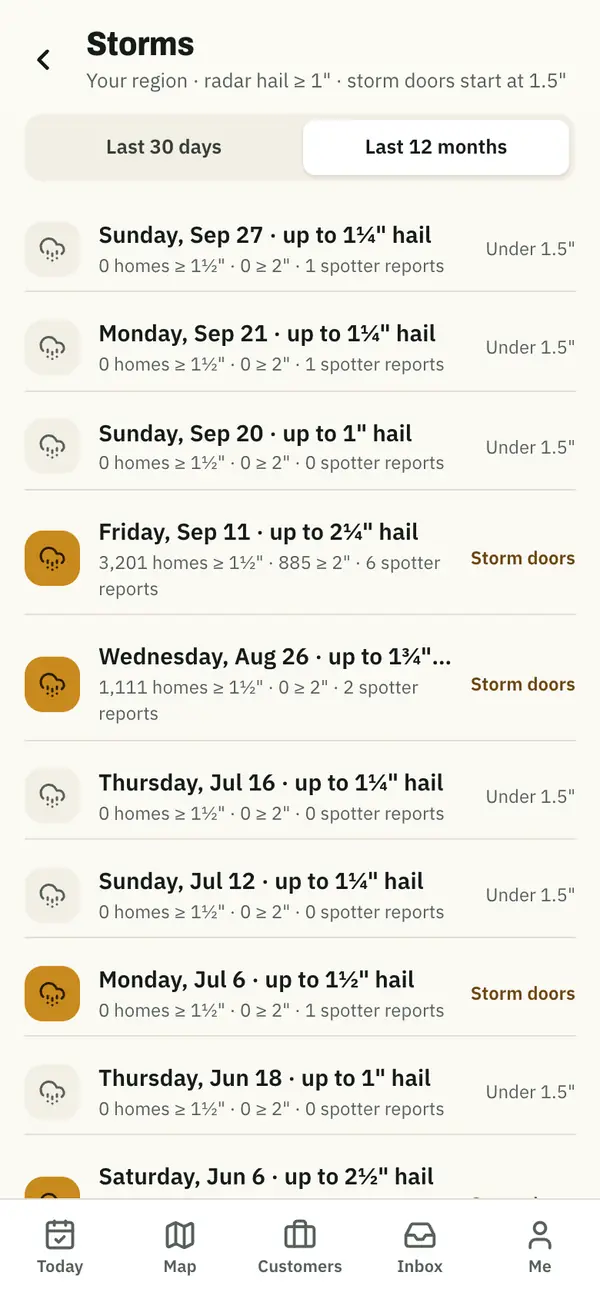 Storms list: each storm day with hail size and the number of homes hit